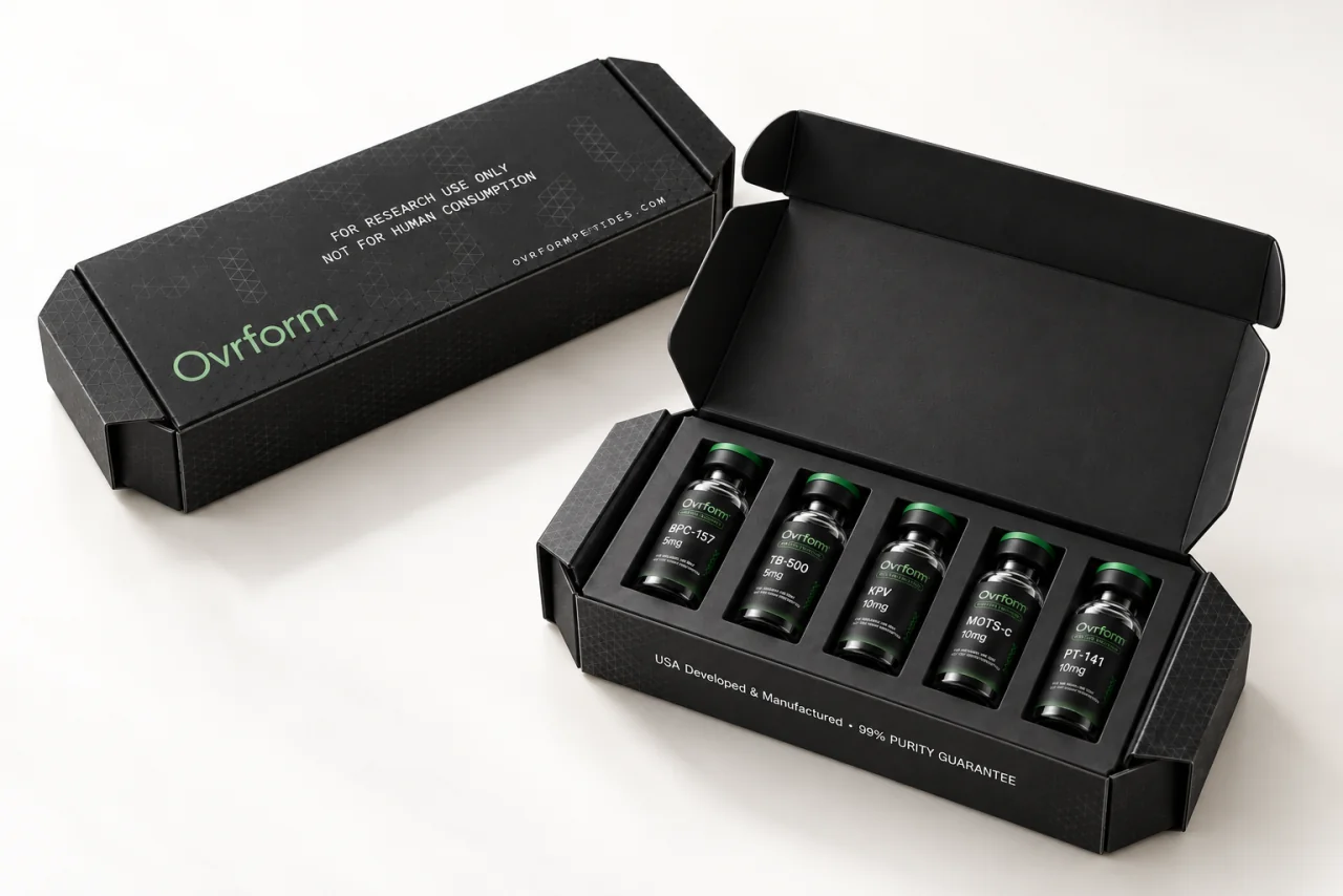 Ovrform five-vial box with a fitted protective insert and matching closed box